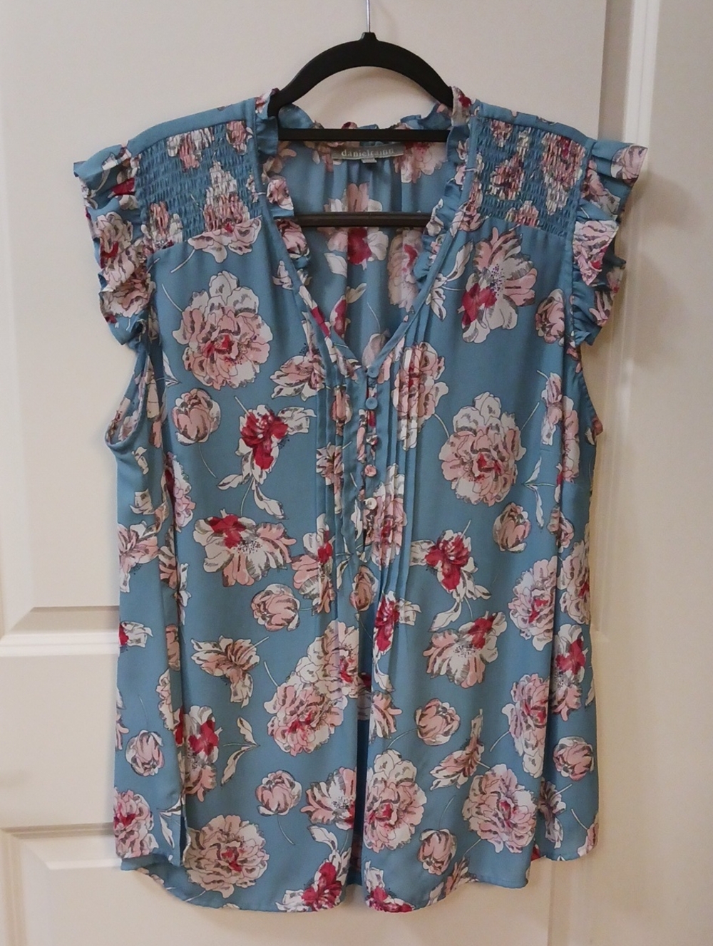Daniel Rainn Blue Floral Tie-Front Ruffle Sleeve Blouse